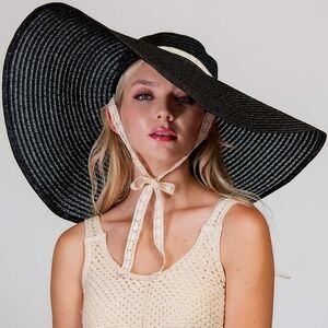 Beloved Millinery Wide Black Stunning Straw Hat Beach Garden Party Removable Tie